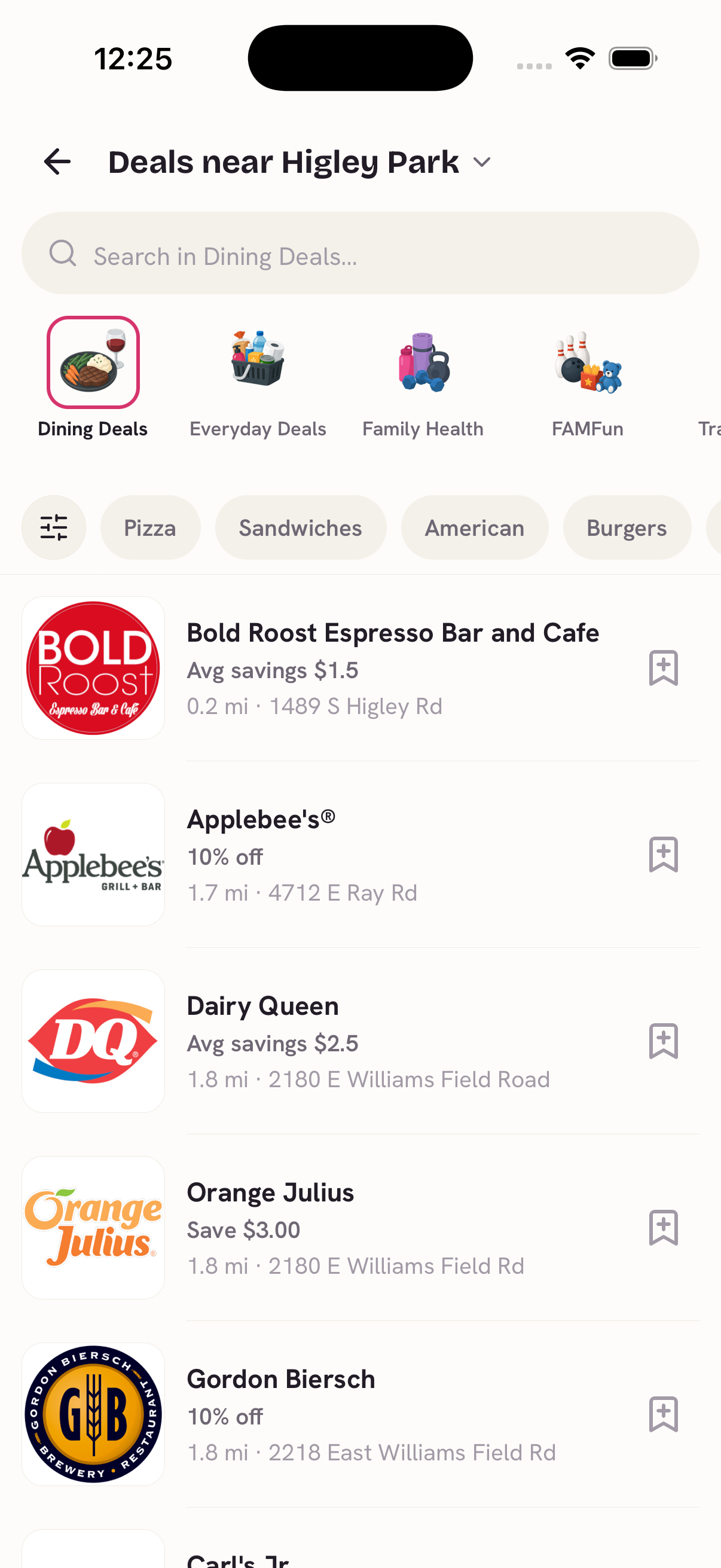The FAM Central app listing family deals at local restaurants nearby